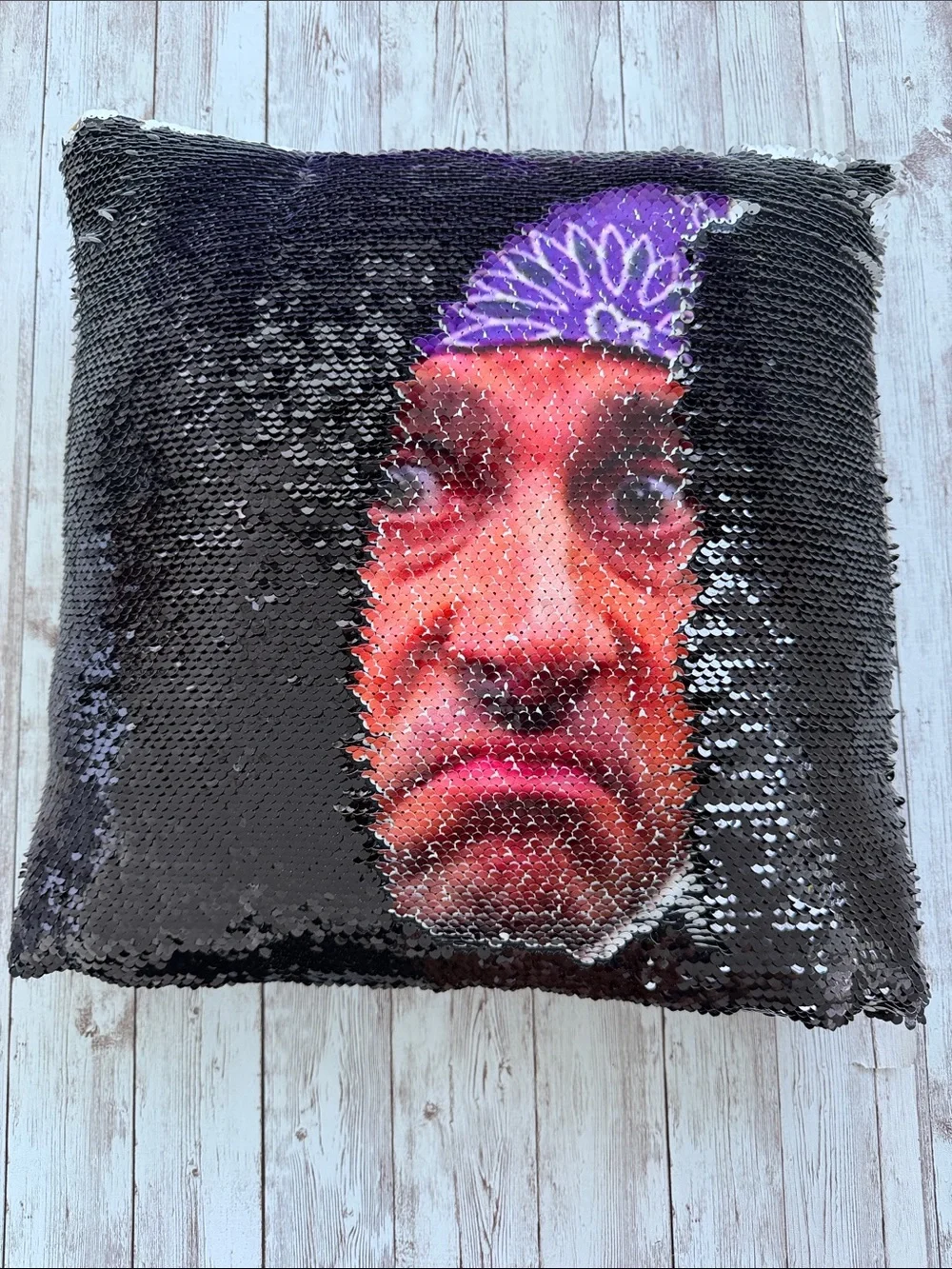 The Office Prison Mike Throw Pillow Sequin Reversible Black Tan Back 14.5 x 14.5